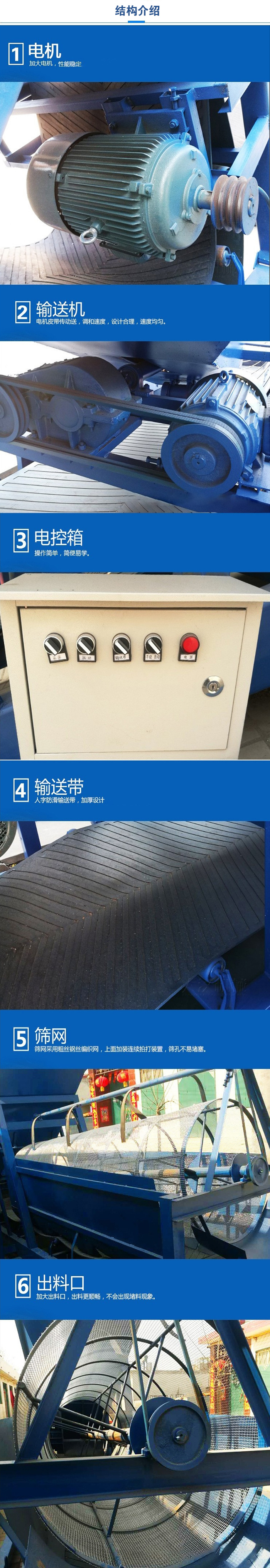 移動篩沙機結(jié)構(gòu):電機，加大電機，性能相對比較穩(wěn)定。輸送機：電機皮帶傳動送，調(diào)和速度，設(shè)計合理，速度均勻。電控箱：操作簡單，簡便易學(xué)。輸送帶：人字防滑輸送帶，加厚設(shè)計。篩網(wǎng)，采用粗絲鋼絲編織而成的篩網(wǎng)，上面加裝連續(xù)拍打裝置，篩孔不易堵塞。出料口：加大出料口，出料更順暢，不會出現(xiàn)堵料現(xiàn)象。