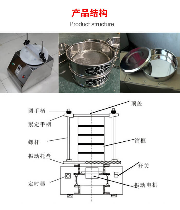 實(shí)驗(yàn)室振動(dòng)篩-試驗(yàn)篩結(jié)構(gòu)主要由：圓手柄，緊定手柄，螺桿，振動(dòng)托盤，篩框，頂蓋等。